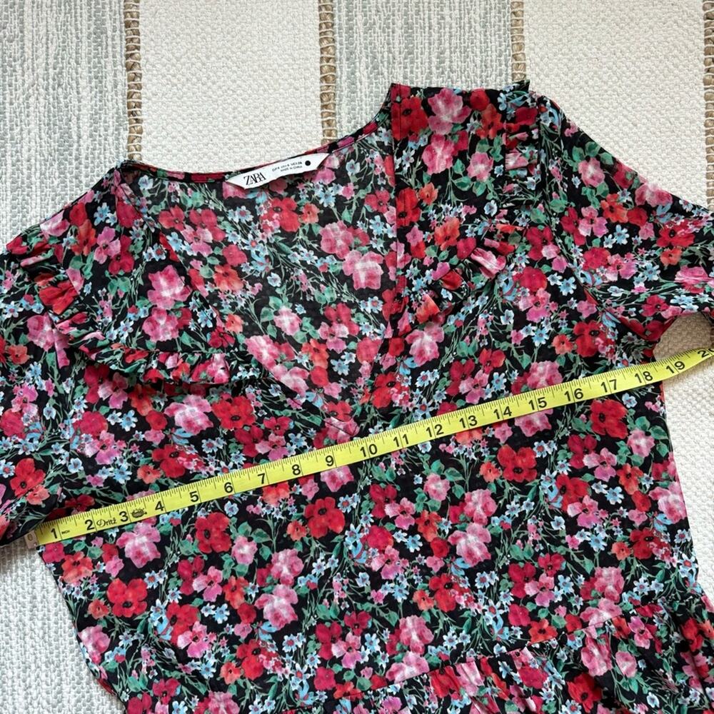 Zara Red Pink Black Green Floral Long Balloon Sleeves Midi Dress Women’s Small - Picture 6 of 12